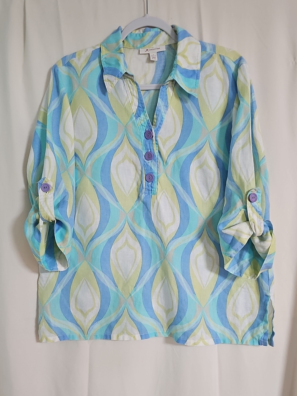 M  Collectuon 100% Cotton  Aqua Blue Green Geometric Roll-Tab Tunic